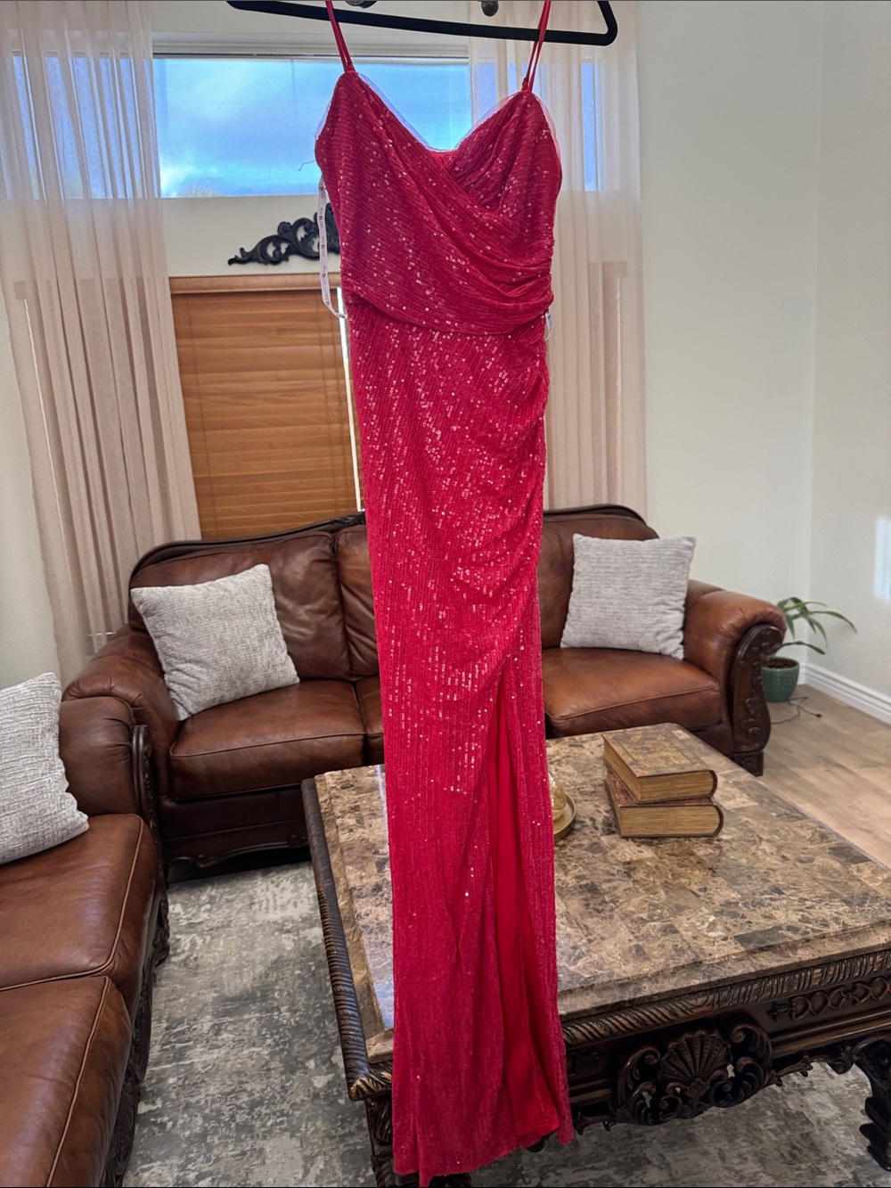 Red Sequin Draped Evening Dress - Size 2